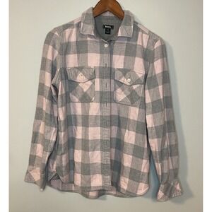 Roots Canada Pink Buffalo Plaid Flannel Shirt Woman S Chore Farmhand Elbow Patch